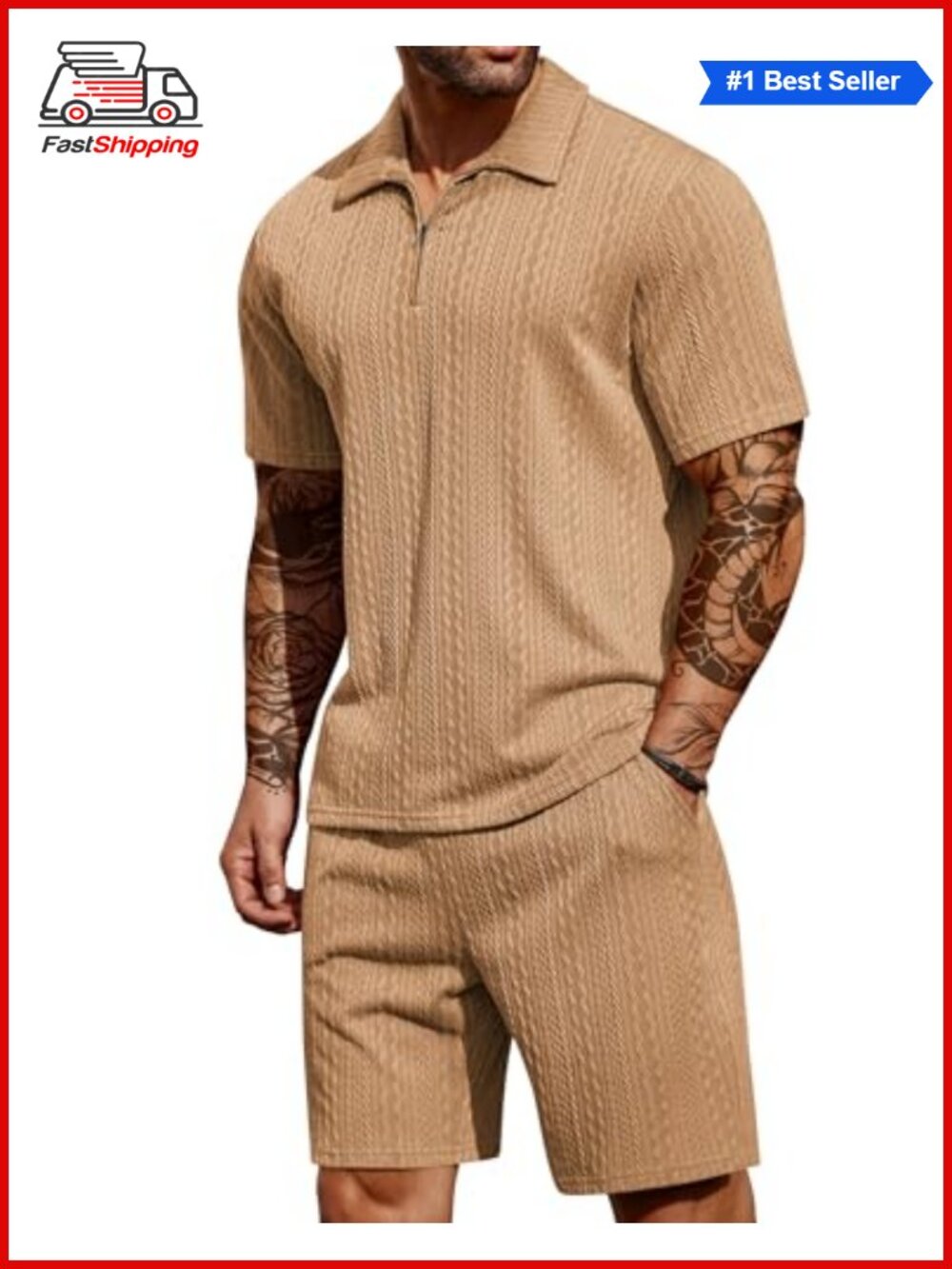 ✨Men's 2 Piece Quarter Zip Polo Shirt and Shorts Set Athletic Summer Tracksuit